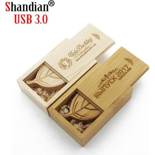 SHANDIAN free custom logo photography wedding gift solid wood leaves USB +BOX USB 3.0 64GB 32GB 16GB 8GB 4GB USB flash driv