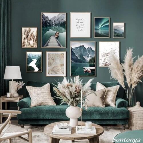 Scandinavian Travel Landscape Canvas Painting Mountain Boat Grass Nordic Poster Print Wall Art Picture Modern Living Room Decor