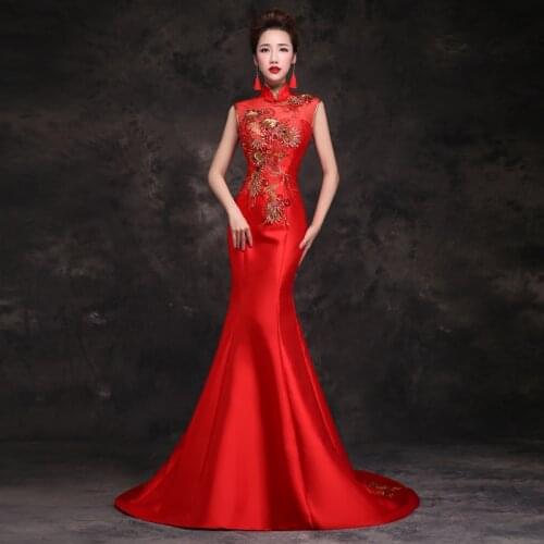 Red Mermaid Wedding Dress Bride Traditional Chinese Cheongsam Dress China Qipao Embroidery Chinois Femme Oriental Style Dresses