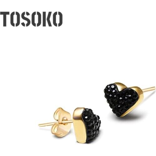 TOSOKO Stainless Steel Jewelry Black Zircon Heart Earrings Sweet And Simple Earrings For Women BSF091