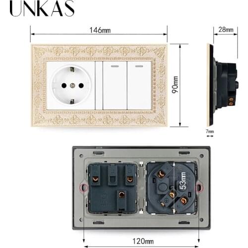 UNKAS 4D Zinc Alloy Metal Panel Russia Spain EU Standard Socket + 2 Gang 1 / 2 Way On / Off Light Switch Embossing Retro Frame