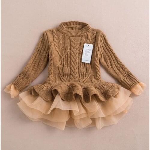 Girls Knitted Sweater Dress Autumn Winter Warm Elegant Dresses Children Pullovers Crochet Princess Clothes For 3-10T Girl 2021