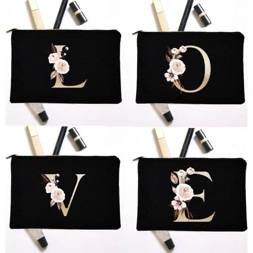 Gold Alphabet Womens Cosmetic Cases Makeup Pouch Bag Zipper Fashion Canvas Letter Lipstick Storage Female Ladies Travel Handbag