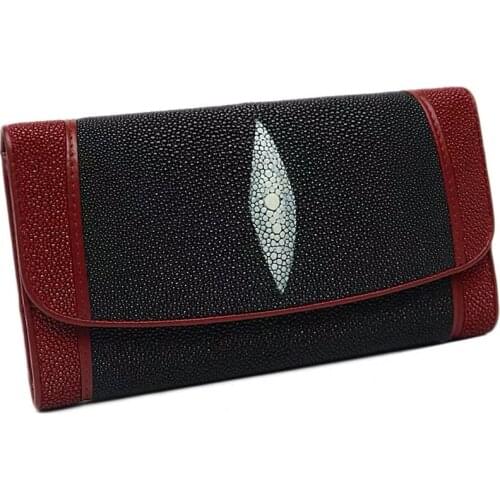 Authentic Real Stingray Skin Mixed-Color Female Clutch Purse Lady Long Trifold Wallet Genuine Leather Womens Large Card Holders