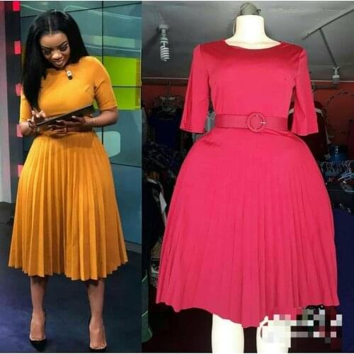 African Style Women Casual Belted Pleated Dress Elegant Chic Office Lady A-Line High Waist Dress 2020 Autumn Winter Fashion