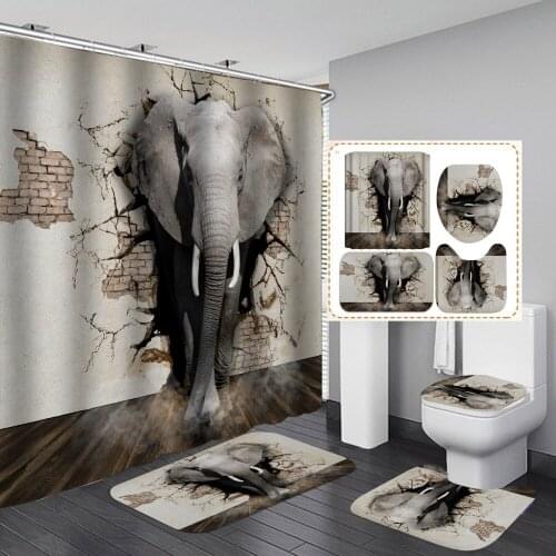 Elephant Animal Print Shower Curtain 4pcs Set Waterproof Bathroom Curtains Anti-slip Bath Rugs Toilet Lid Cover Floor Carpets