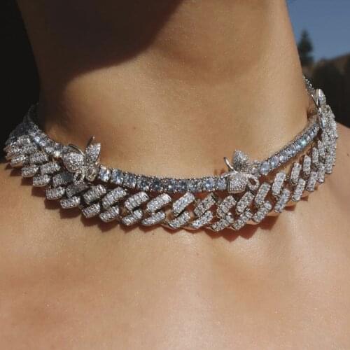 AITIEI Iced Out Bling Cubic Zircon Butterfly Pendant Necklace Double Layer Cubic Tennis Chain Necklace Women Hip Hop Jewelry