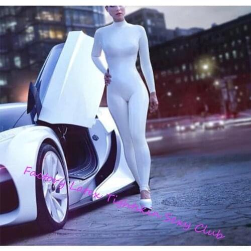 Handmade White Latex Catsuit Rubber Bodysuits Long Sleeve White Tight with Back Zip To Waist Zentai Women Cosplay Costumes