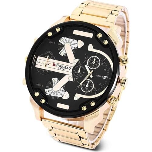 Big Case Watch Men Golden Stainless Steel Mens Quartz Watches Man Dual Time Zones Date Military Relogio Masculino reloj hombre