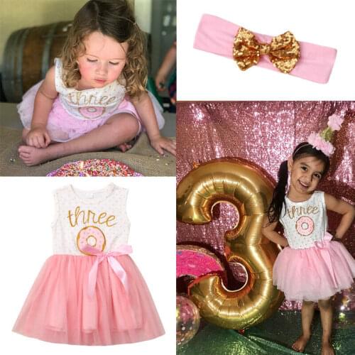 2019 Three Years Old Birthday Baby Girls Donut Dress Rompers Tutu Dresses Headband Outfit Clothes Set Sleeveless Long sleeve