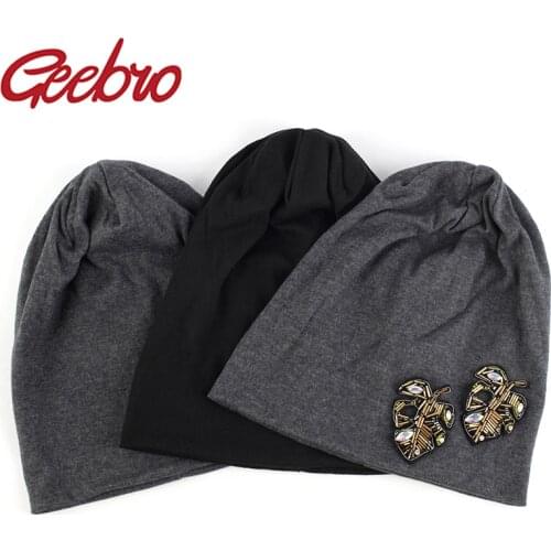 Geebro Women Leaves Rhinestones Cotton Soft Beanies Hat Mens Unisex Casual Slouchy Heart Caps ladies Girls Loose Black hats