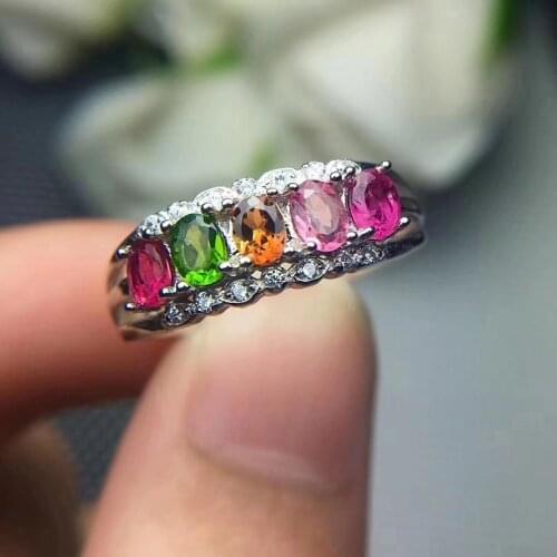 Fashion Elegant Row Natural Multicolor tourmaline Ring Natural gemstone ring S925 silver women party girl gift fine Jewelry