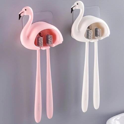 1pcs Cartoon Suction Cup Toothbrush Holder Flamingo Sucker 2 Position Toothbrush Hooks Bathroom Accessories Wall Mounted Holder