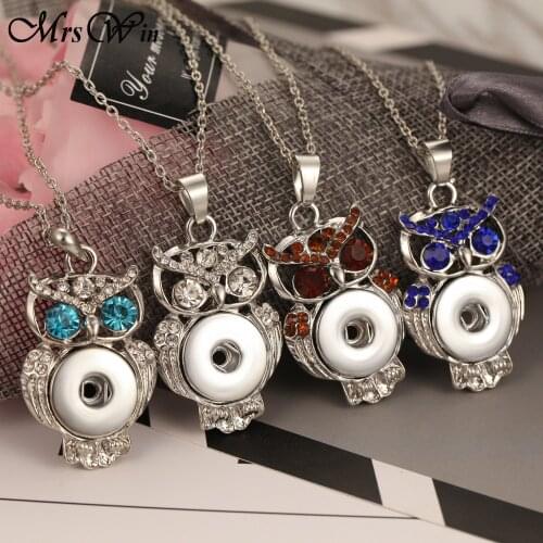 New Snap Jewelry Crystal Owl Snap Necklace 18mm Snap Button Jewelry Pendant Necklace With Chains