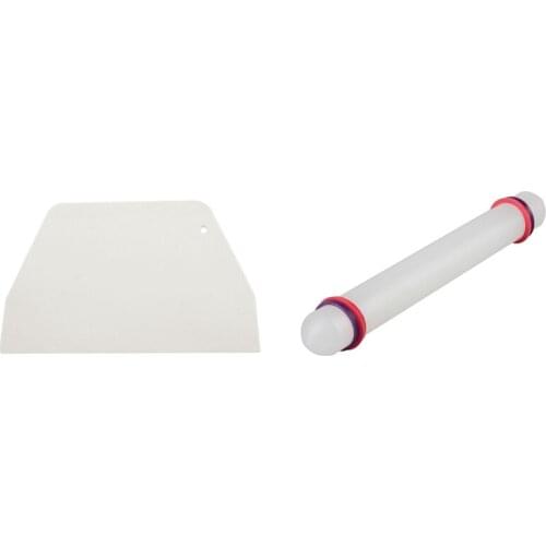 Flat White Plastic Cake Decorator Dough Pastry Scraper Tool With 23 Cm / 9Inch Non-Stick Sugarcraft Fondant Rolling Pin