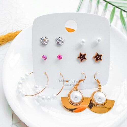 Korean Simple Pearl Hoop Earrings Geometric Crystal Flower Star Metal Drop Stud Earrings Set Womens Trend 2021 Female Jewelry