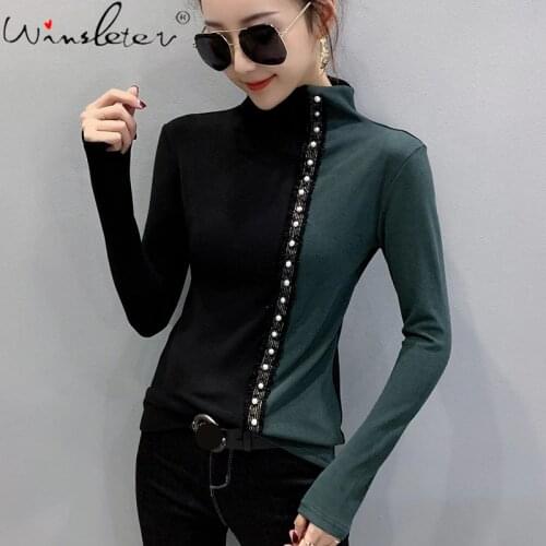 Stretch Beading Patchwork Thick T-Shirt Women Autumn T Shirts Turtleneck Long Sleeve Tops Color Block Tees Plus Size 3XL T07927B