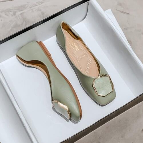 Flats Summer Shoes Women Flat Ballet Square Toe Shallow Buckle Metal Shoes Slip on Female Loafers Zapatos Mujer