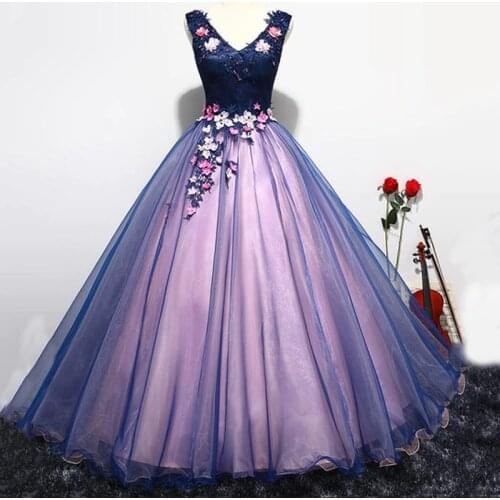 Party Prom Formal Dress V-neck Sleeveless Classic Flower Appliques Noble Ball Gown Sweet Quinceanera Dresses