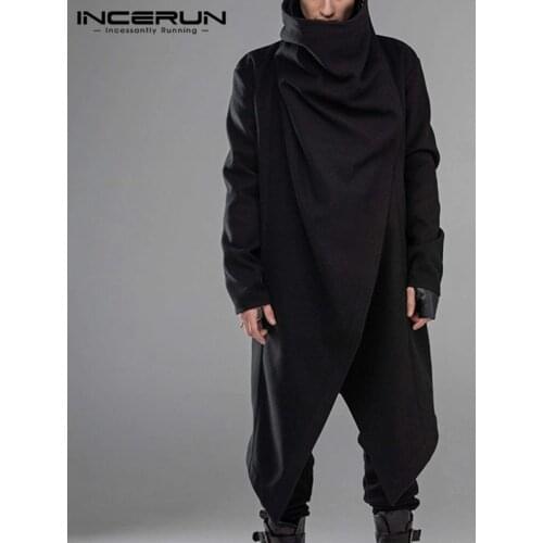 INCERUN Fashion Men Cloak Coats Turtleneck Streetwear Solid Long Sleeve Men Ponchos Outerwear Punk Style Irregular Jackets S-5XL