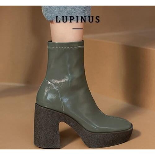 2021 Glossy High Heels Boots Women Sexy Thick Heel Platform Ankle Boots Women Brand Elastic Leather Shoes Women