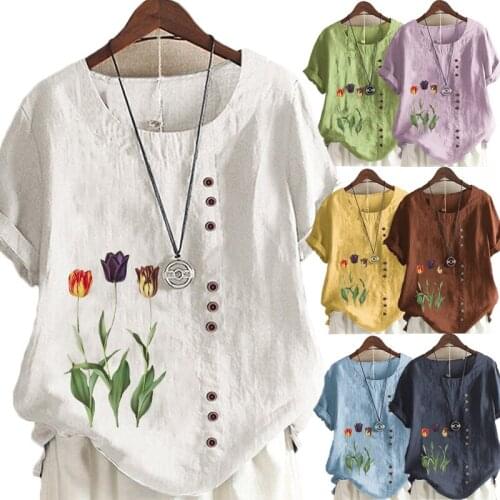 Womens Casual Tulips Printed Linen Tops Round Neck Short Sleeved Plus Size T-Shirt Loose Graphic Blouse