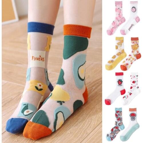 Women Ultrathin Transparent Socks Crystal Glass Silk Socks Embroidery Fruit Animal Short Socks Meias 18 Styles Kawaii Socks Cute