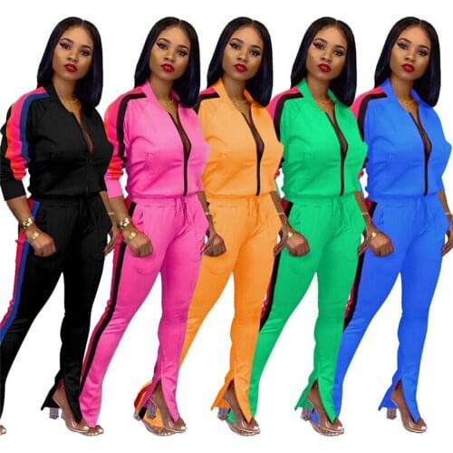 Adogirl Side Colorful Stripe Women Tracksuit Casual 2 Piece Set Zipper Long Sleeve Sweatshirt Top Zipper Cuff Pants Sportswear
