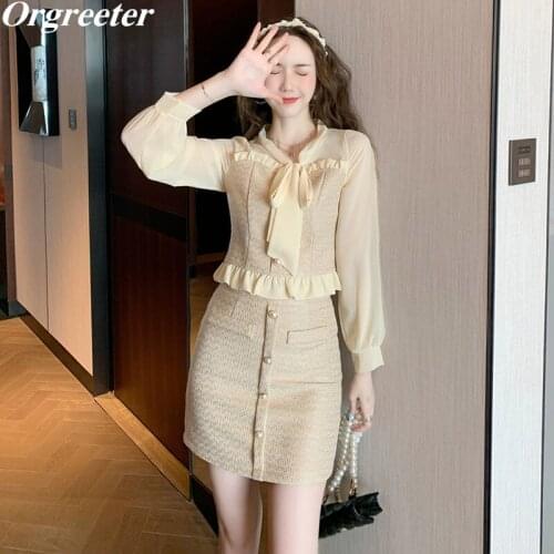 High Quality Fall Tweed Two Piece Set Women Chiffon Patchwork Crop Top Blouse High Waist Mini Skirt Suits Sweet Ruffles Bow Sets