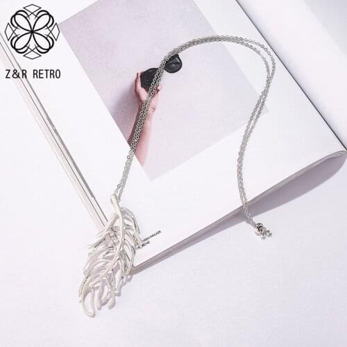 2021 Fashion Long Chains Necklace with Silver Color Suspension Hollow Big Leaves Costume Jewelry for Women Vintage Accessories