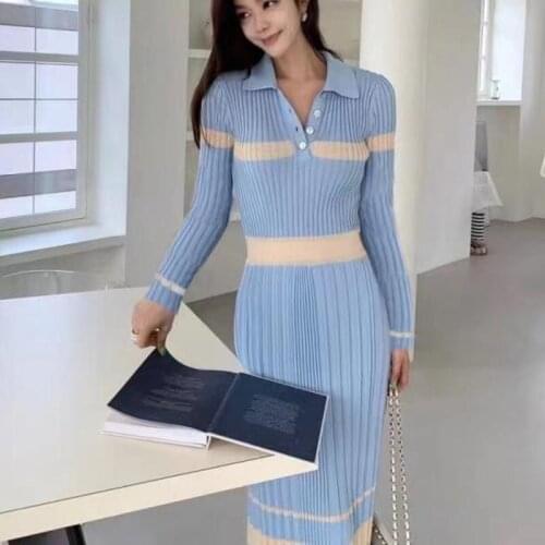 2021 Autumn Korean Fashion Casual Matching Long Knitted Sweater Dress Women Short Sleeve Party Maxi Dress Robe Femme Vestidos