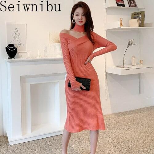 Seiwnibu 2021 New V-neck Spring Dresses Womens Knitted Pencil Dress Elegant Slim Korean Bodycon Work Office Vestidos