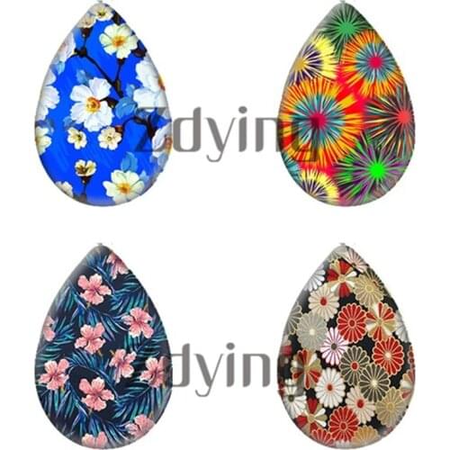 Zdying 10pcs Colorful Flowers Pattern Water Tear Drop Glass Photo Cabochon Demo Flat Back DIY Earrings Brooch Jewelry Findings