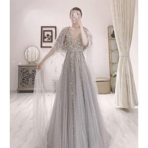 2021Illusion V Neck Beaded A-Line Evening Dresses with Feathers Shawl Sequined Women Gowns Evening Dresses Formal