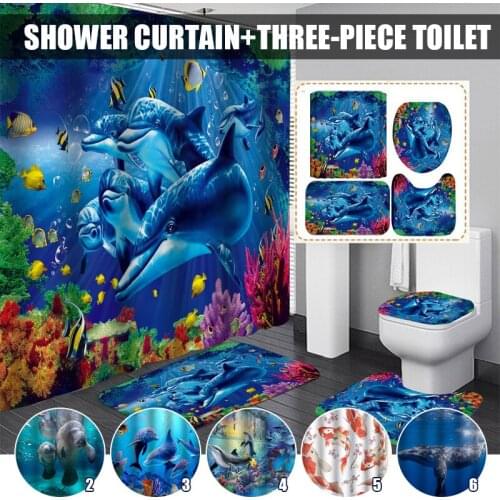 3D Ocean Design Dolphin Waterproof Shower Curtain Deep Sea Scenery Bathroom Mat Rugs Set Toilet Cover Anti-skid Rug Home Decor