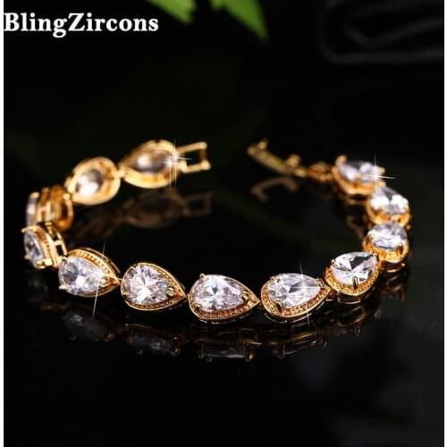 BeaQueen Brand 6 Color Options Big Teardrop Yellow Gold Color Cubic Zirconia Stone Wedding Bracelets Jewelry For Women B046