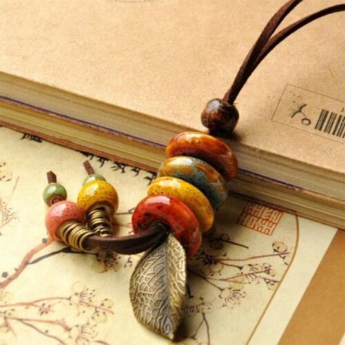 Ceramic Round Beads Pendants Necklace Long Leather Chain Leaves Charm Statement Choker PU Cord Women Men Vintage Leaf Jewelry