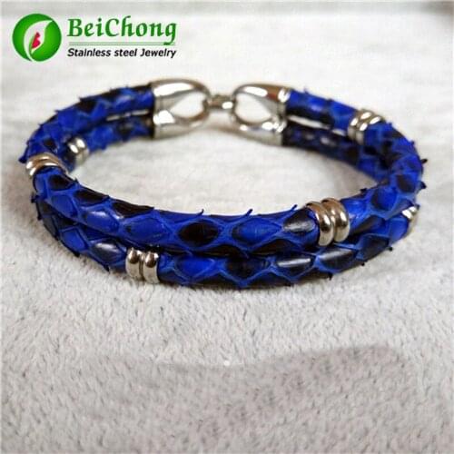 Length Snake Leather Bracelet with Four Color Stainles Steel Bangle