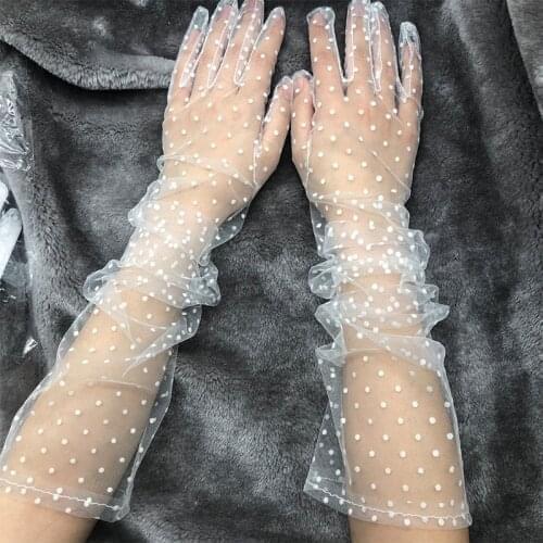 Polka Dot Printing Lace Long Gloves Female Tulle Mesh Semi Sheer Black White Full Finger Gloves Fashion Etiquette Mittens