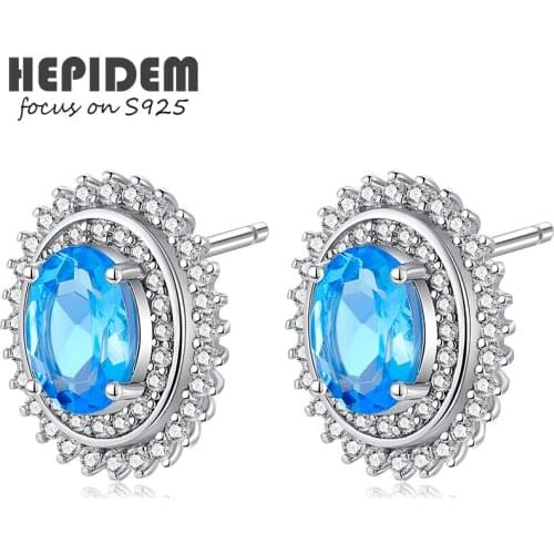 HEPIDEM 100% Topaz 925 Sterling Silver Stud Earrings 2022 New Trend Women Blue Stone Gem Gemstones Gift S925 Fine Jewelry 5053