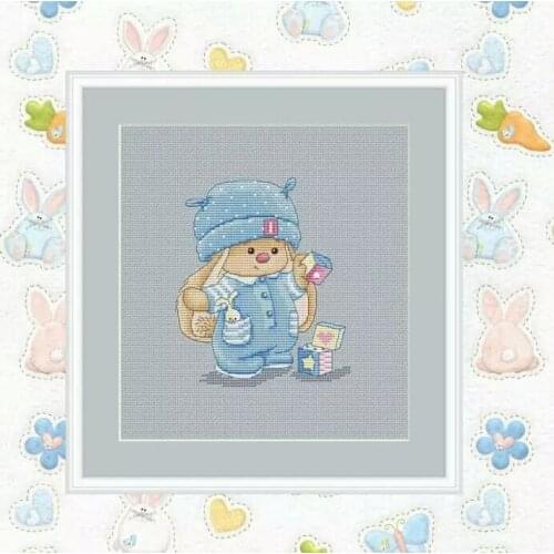 HH Counted Cross Stitch KitBonnie Rabbit - Rabbit Playing with Building Blocks 1 Needlework For Embroidery 14ct Cross Stitch