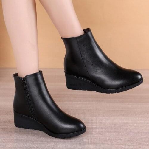 Soft-soled leather boots womens thick-soled Martin boots Joker high-heeled short boots leather wedges short boots high heels