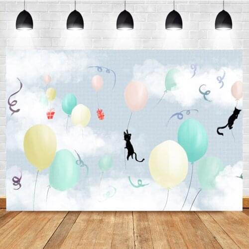 Laeacco Cartoon Balloon Cat Sky Gift Baby Show Birthday Custom Photo Photography Backdrop Photo Background For Photo Studio