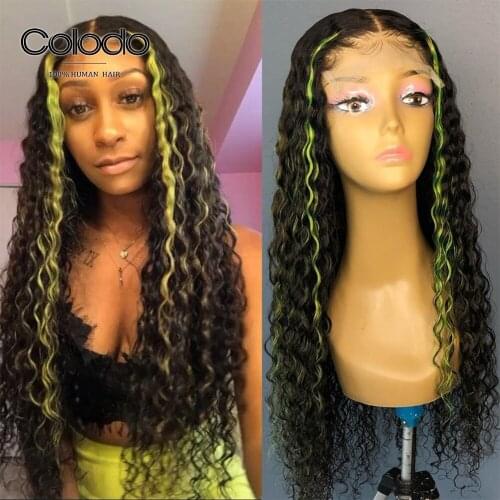 Lemon Green Highlight Wig Human Hair Deep Wave Frontal Wig with Baby Hair Pre Plucked 13x4 Lace Front Human Hair Wigs COLODO