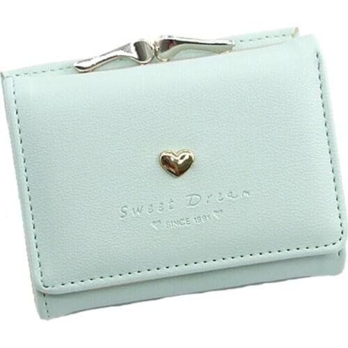 H9ED Women Sweet Heart Small Wallet Faux Leather Short Coin Purse Multi-Slots Button Bag Solid Color Card Holder Pocket
