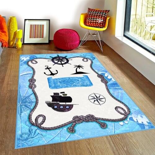 Mavi Çocuk Odası Halısı gemi deniz ada dümen pusula ağaç palmiye okyanus beyaz mavi halı