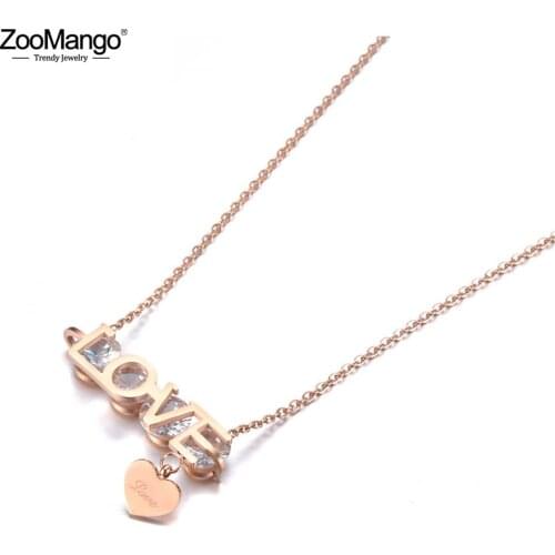 ZooMango Trendy Office Style Titanium Steel Love Heart Pendant Necklaces Rose Gold CZ Crystal Bohemia Necklace For Women ZN19107