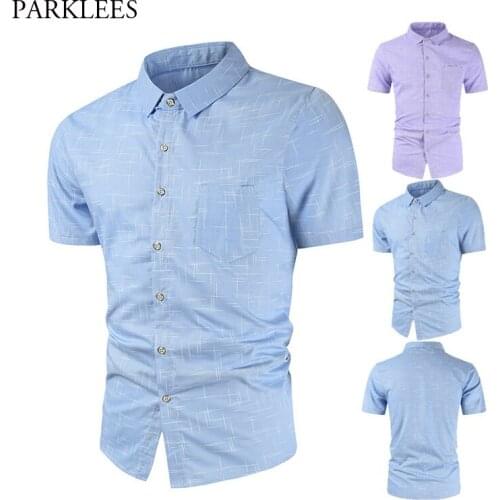 Line Printed Mens Shirt 2020 Casual Business Men Shirt Short Sleeve with Pocket Men Dress Shirts Slim Fit Button Up Men Clothing