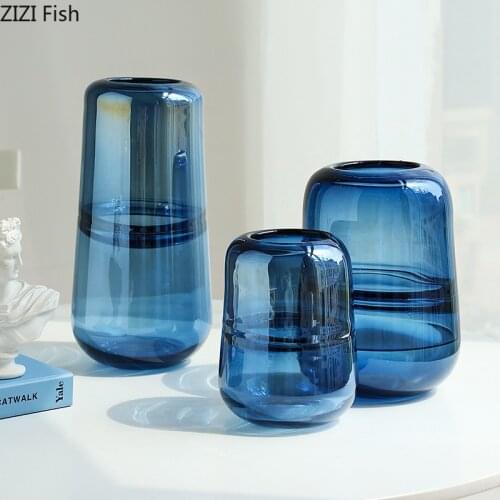 European Style Transparent Blue Glass Vase Dried Flower Arrangement Hydroponic Flower Vase Dining Table Living Room Decoration
