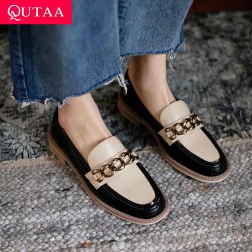 QUTAA 2021 Square Heel Mixed Color Genuine Leather Women Shoes Metal Decoration Round Toe Spring Autumn Female Pumps Size 34-39